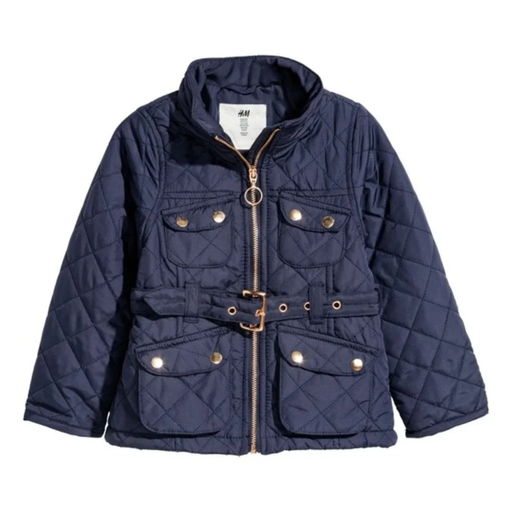 H&M Girl Navy Blue Quilted Jacket with belt
